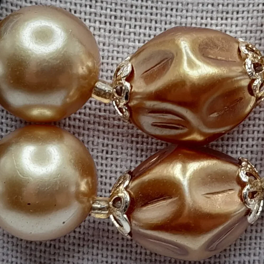 Vintage Japan Art Bead Necklace Iridescent Glass Wood Pearl Double Strand